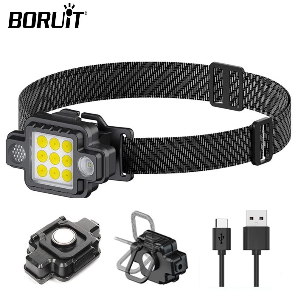 BORUiT COB Headlight USB Rechargeable Riding Light LED Portable Headlamp Magnet Base Foldable Handle Outdoor work Camping Light