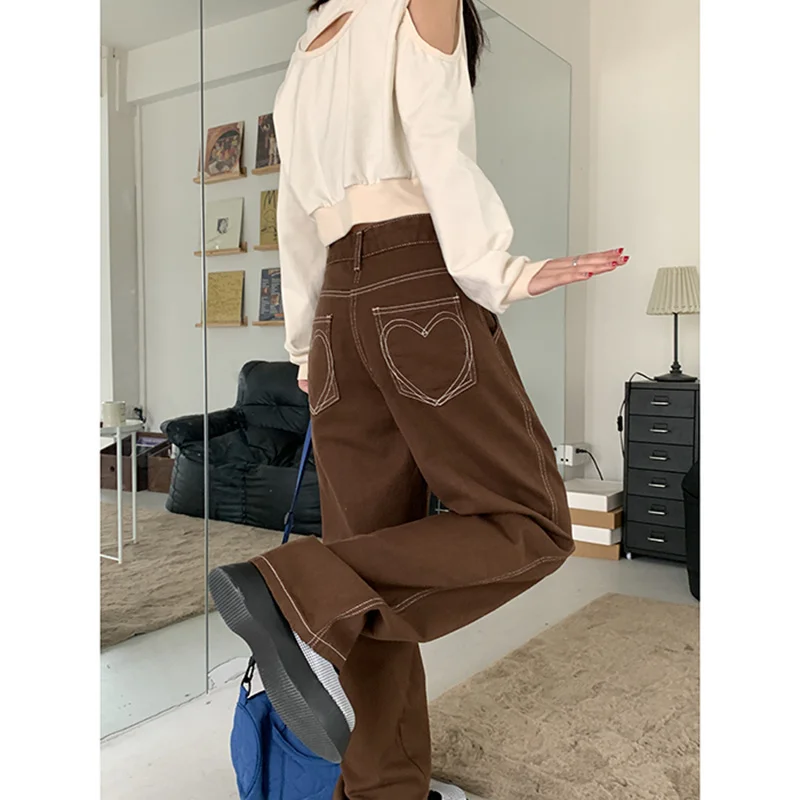 

Brown Women's Jeans High Waist Vintage Straight Baggy Denim Pants Streetwear Heart Pattern Design Fashion Wide Leg Denim Tr