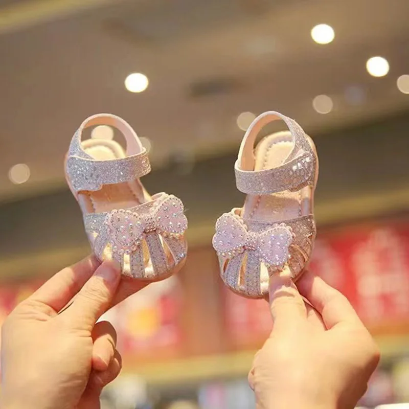 Congme  0-4 Years Baby Girls Crystal Sandals Toddler Kids shoes Non-slip soft breathable Cute Bow Princess Walkers Shoes