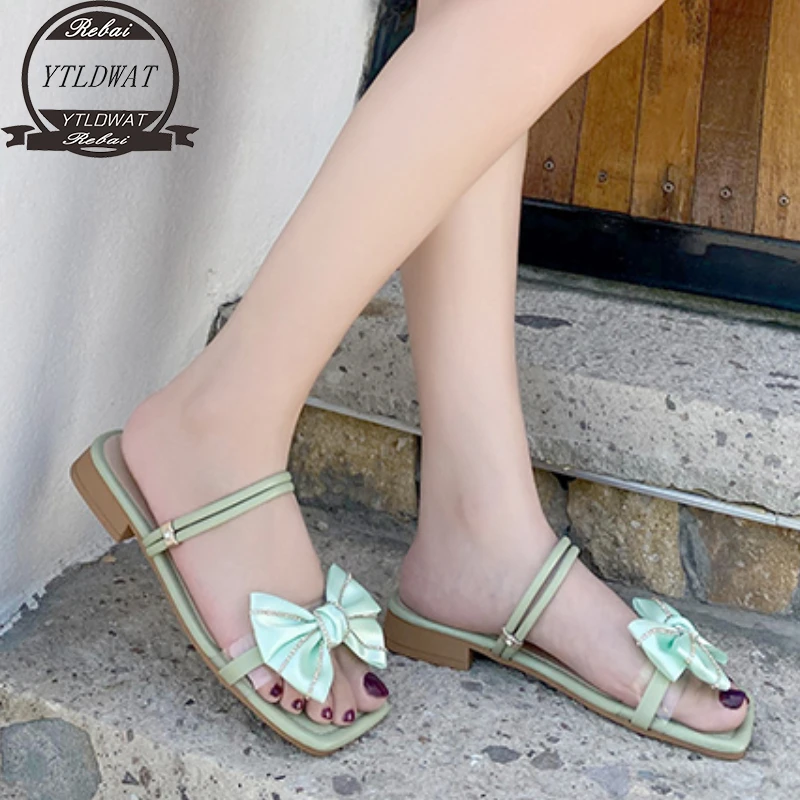 

Bow Design Women Slippers Summer Outdoor Slides Slippers Mules Shoes Thin LowHeels Green BEIGE Black Hollow Dress Slides Sandals