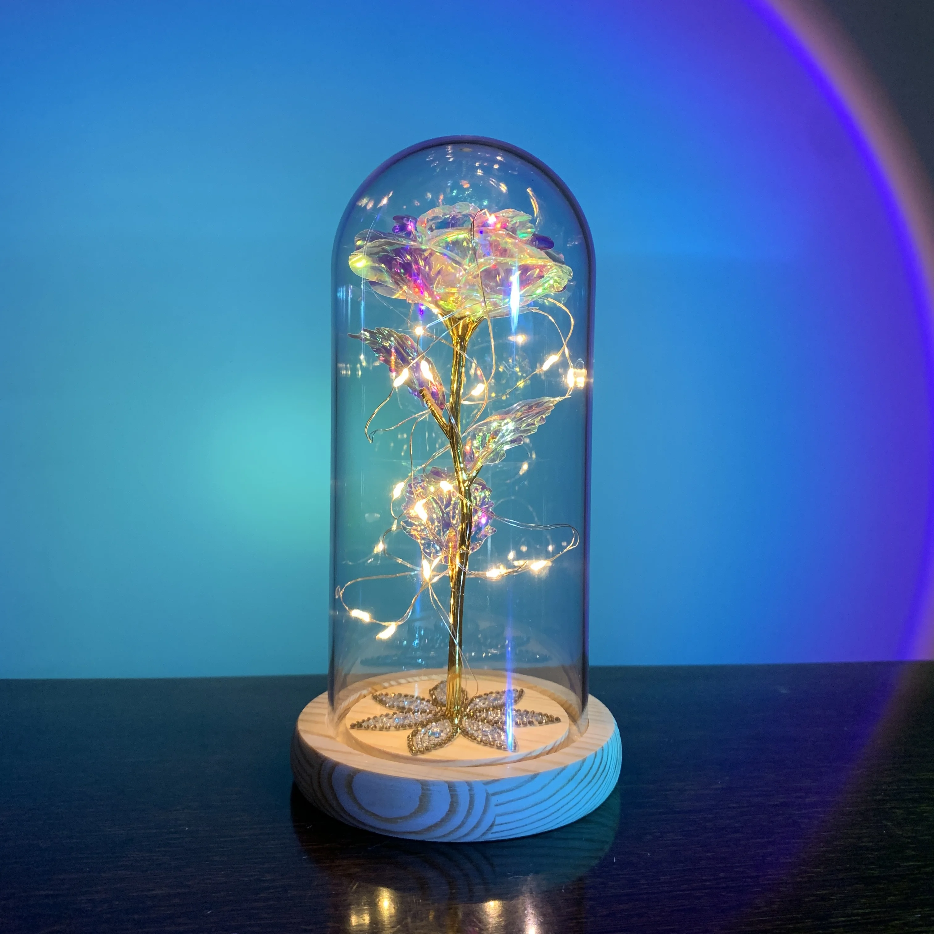 Dôme Féerique avec Guirlande Lumineuse en LED  Rose Éternelle de Galaxie Enchantée  Feuille d'Or