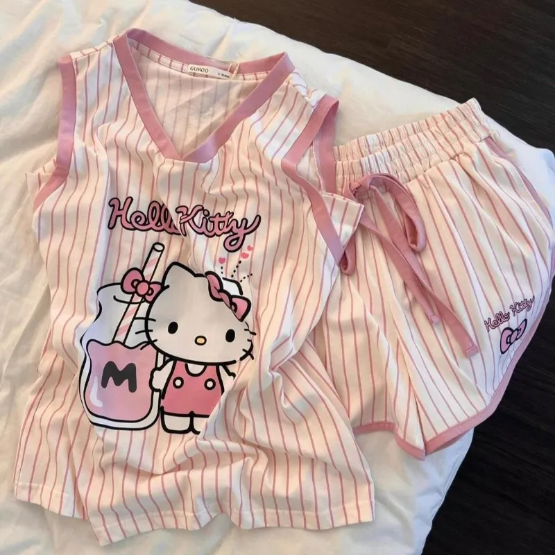 Pink Kawaii Hello Kitty Sleeveless Pajama Set for Women's Summer Cartoon Anime Printed Vest Shorts Fashion Striped Home Wear