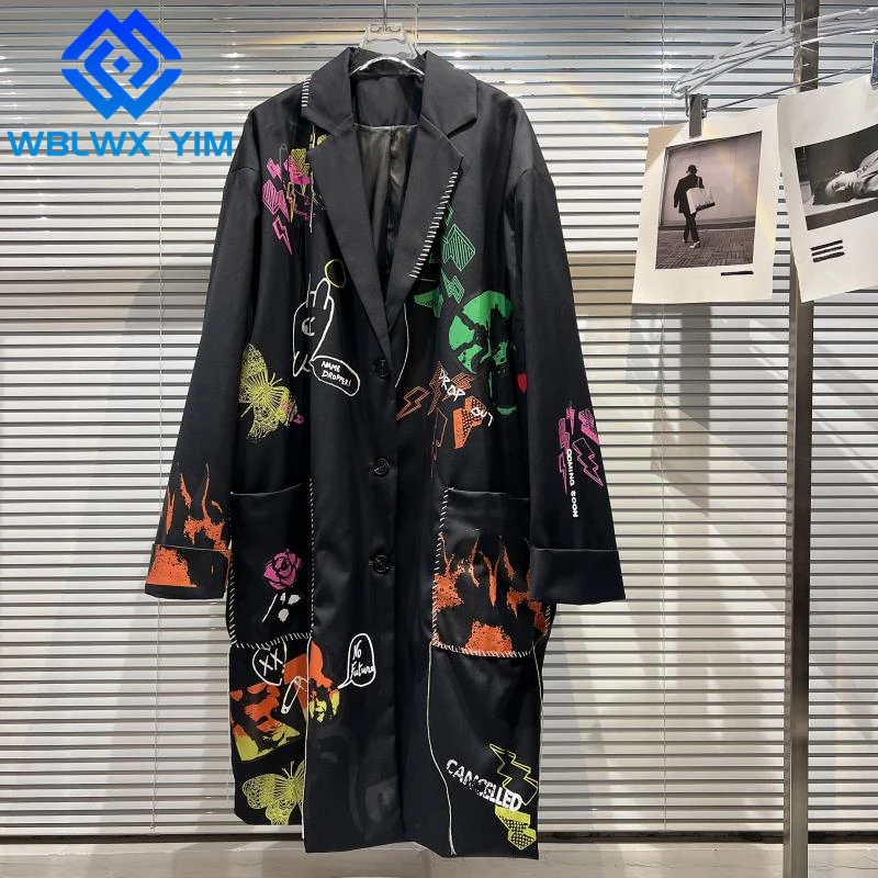 

Тренчкот женский длинный с принтом граффити, Модный однобортный тренчкот с надписью, уличная ветровка, весна-осень