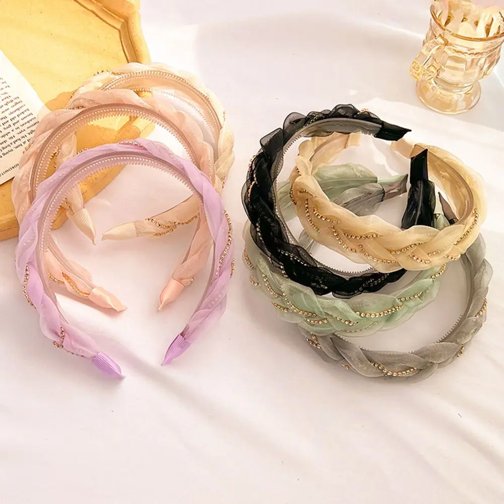 

Girls Women Chain Twist Rhinestone Organza Hair Hoop Hair Accessories Lace Headband Hair Bands
