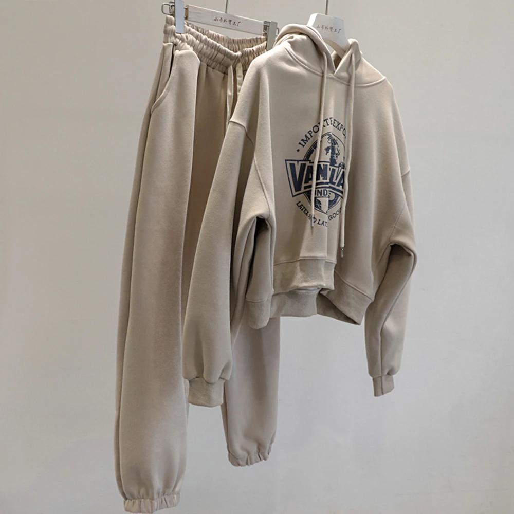 

Autumn Winter Padded Sports Two-Piece Set Women Letter Print Hooded Sweatshirt Thickened Sweatpants Suit Retro Loose Warm Top