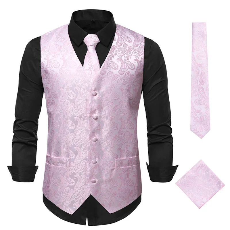 

Men Paisley Vest Suit Stylish Pink Jacquard Waistcoat Tie HanKerchief 3PC Set Party Wedding Banquet Slim Fit Dress Vest Male 3XL