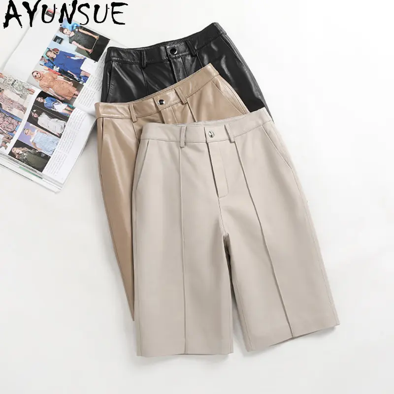 AYUNSUEReal Leather Pants Women High Waist Pants Korean Style Genuine Sheepskin Five-point Pants Straight Short Pants Streetwear