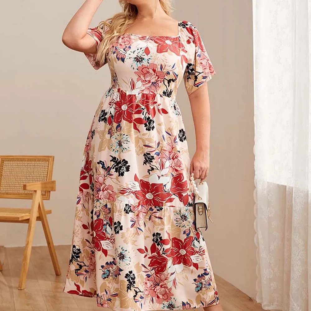 

Plus Size Women's Dress Square Neck Pink Loose A-line Swing Dress Oversize Vacation Casual Beach Wear Summer 2022 New