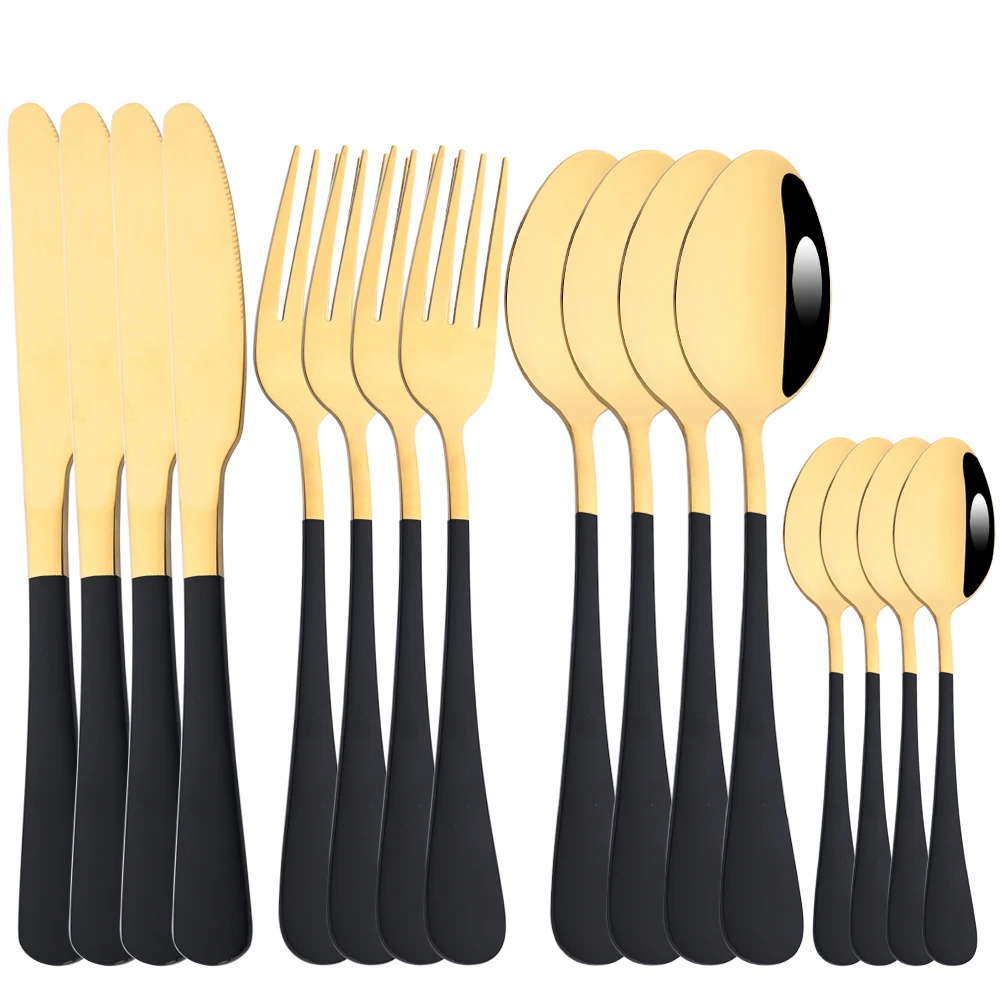 

Drmfiy 16Pcs Dinnerware Set Black Gold Dinner Knife Fork Spoon Cutlery Flatware Stainless Steel Silverware Western Tableware Set