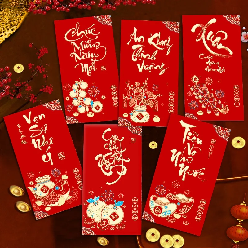 Фото 6 шт. Ruixiang новогодний конверт для денег на удачу сумка 2026 год лошади новый вьетнамский красный конверт креативный блестящий матовый №2