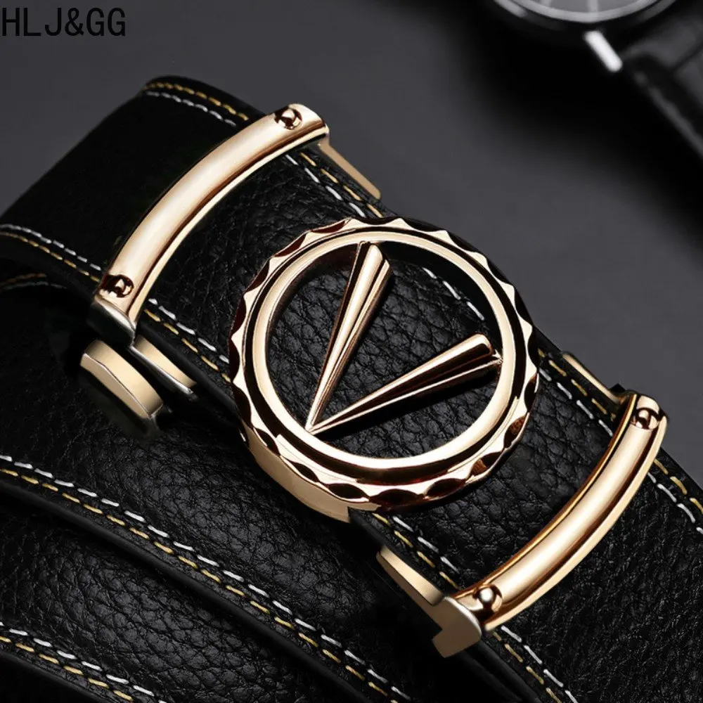 HLJ&GG Men's Classic Letter V Automatic Buckle Leather Belts High Quality Casual Jeans Metal Buckle Waistband For Man 2023 New
