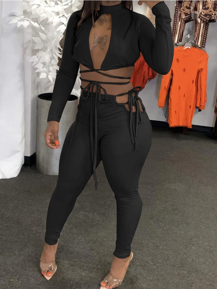 

Chest Hollow Long Sleeve Crop Tops and Waist Shaped Slim Fit Legging Tracksuit Attractive Solid Two Piece Lounge Sets for Women