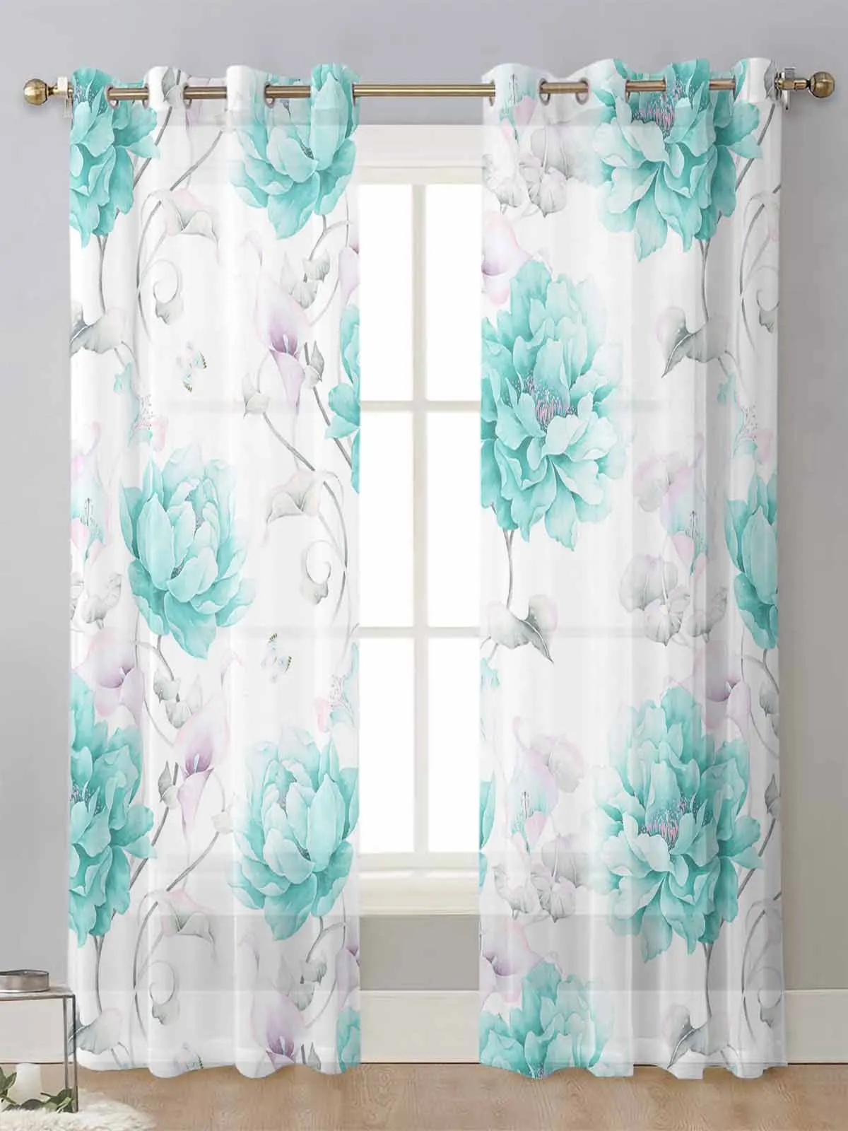 

Water Color Watercolor Flowers Retro Peonies Sheer Curtains Living Room Window Voile Tulle Curtain Cortinas Drapes Home Decor