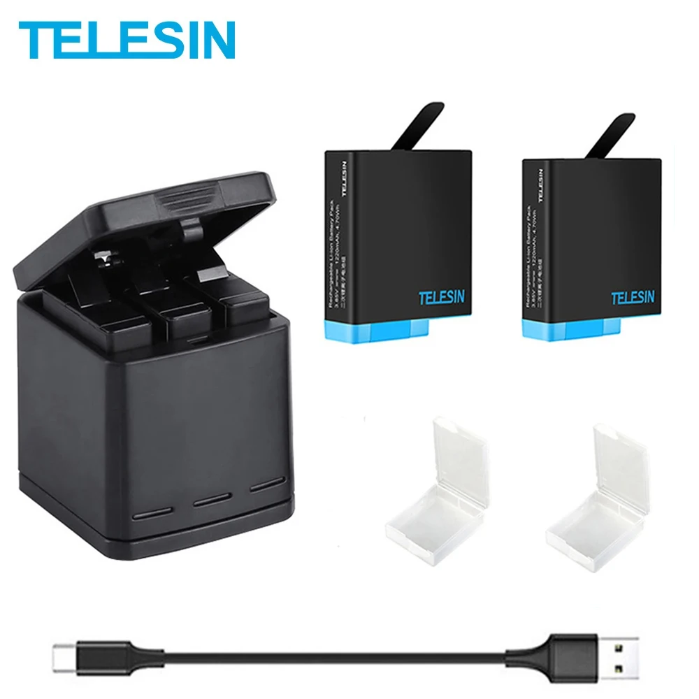 

TELESIN 1220 мАч, 3 шт., аккумулятор, 3 слота, зарядное устройство со светодиодной подсветкой, контейнер для хранения, кабель типа C для GoPro Hero 5 6 7 8, Черная Камера