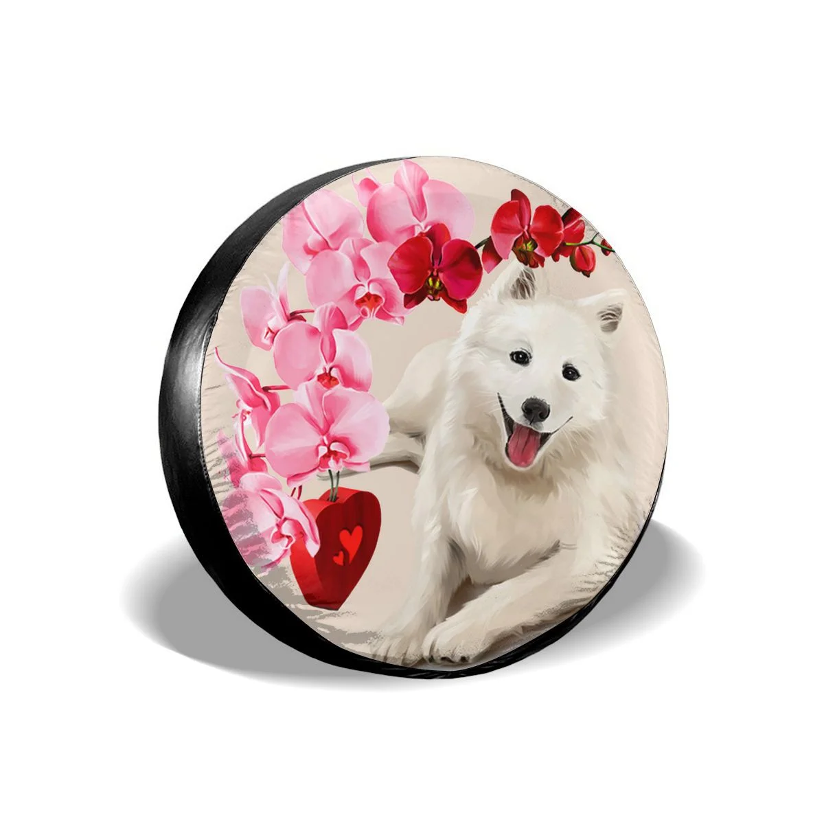 

Чехол для запасной шины с принтом, универсальный чехол для колес, розовые цветы для собак Samoyed