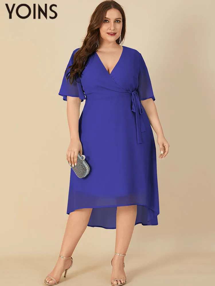 

YOINS 2022 Autumn Elegant Summer Long Dress Plus Size Half Sleeve Belted Party Sexy V Neck Dresses Solid Robe Femme Vestidos 4XL