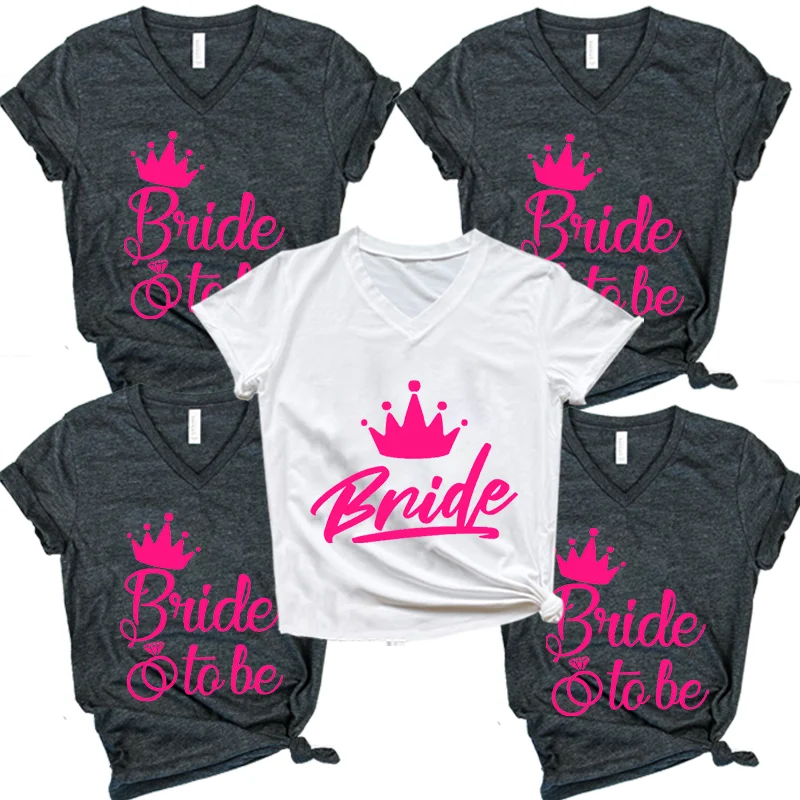 

Женская футболка для девичника, розовая футболка с V-образным вырезом и короной невесты