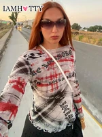 iamhotty high street style letter plaid print t shirt long sleeve tops vintage grunge clothes autumn women aesthetic pullovers
