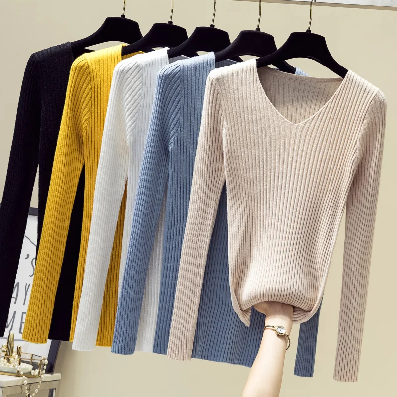 

2023 V-neck Solid Autumn Winter Sweater Women Pullover Female Knitted Sweater Slim Long Sleeve Badycon Sweater Cheap Tops