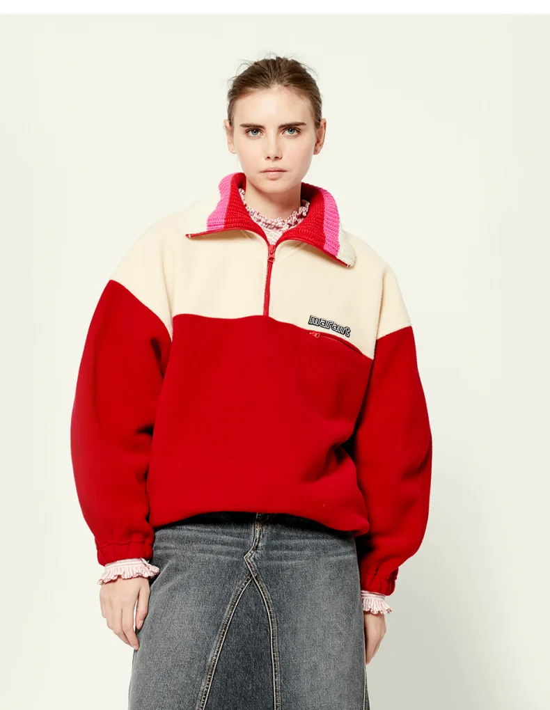 

Women Sweater 2021 Autumn and Winter Chic Color Matching Zipper Lapel Casual Jacket Long-sleeved Red and Apricot Women Pullover