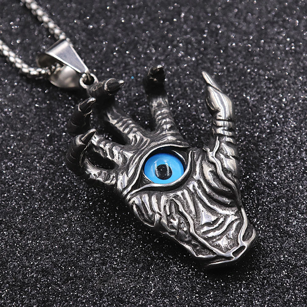 

Vintage Skull Hand Demon Eye Necklace Pendant Men's Punk Biker Stainless Steel Hell's Eye Pendant Fashion Men Chain Jewelry Gift