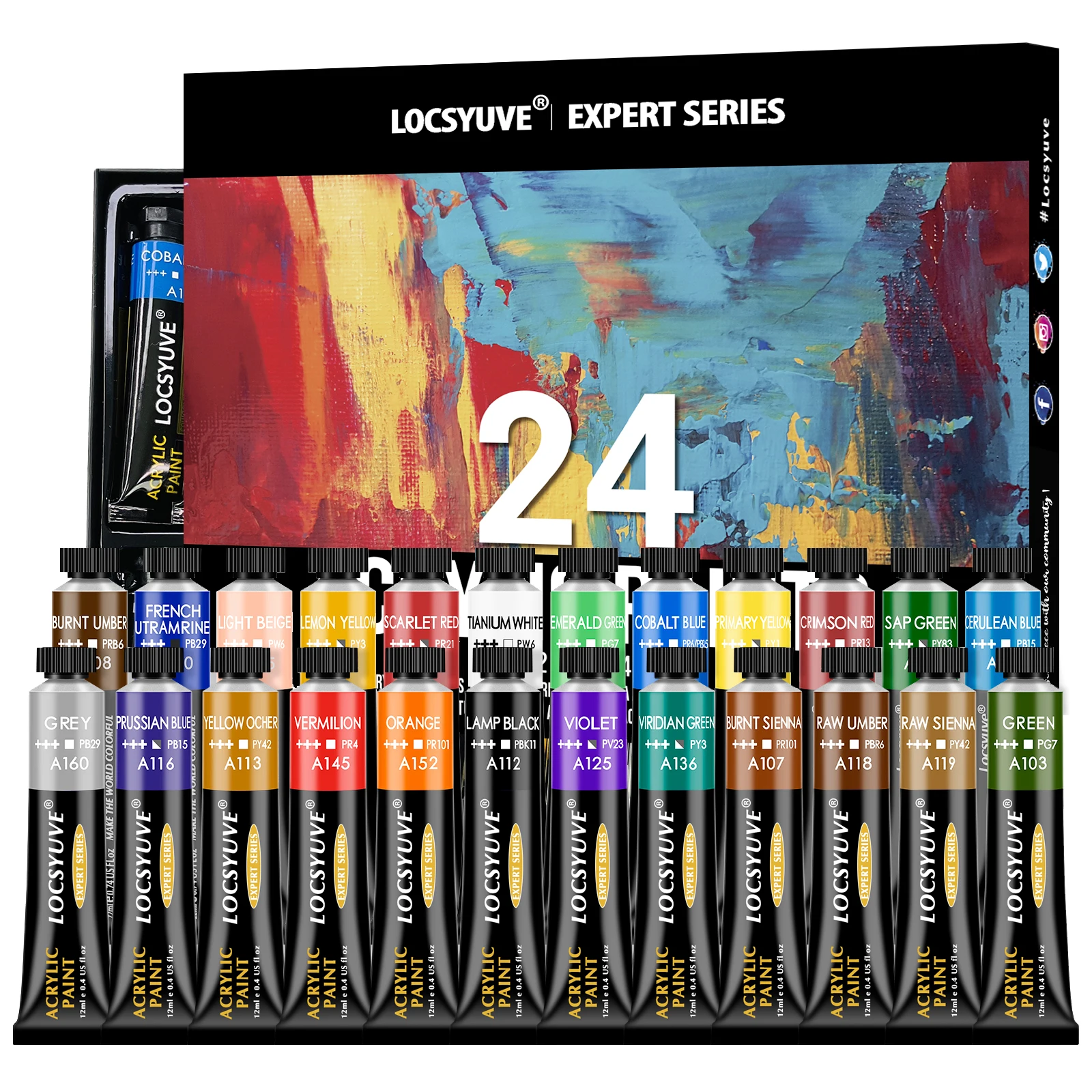 

Locsyuve Acrylic Paint 12/24 Colors 12ml Tube Acrylic Paint Set, Paint for Fabric, Clothing, Painting, Rich Pigments for Artists