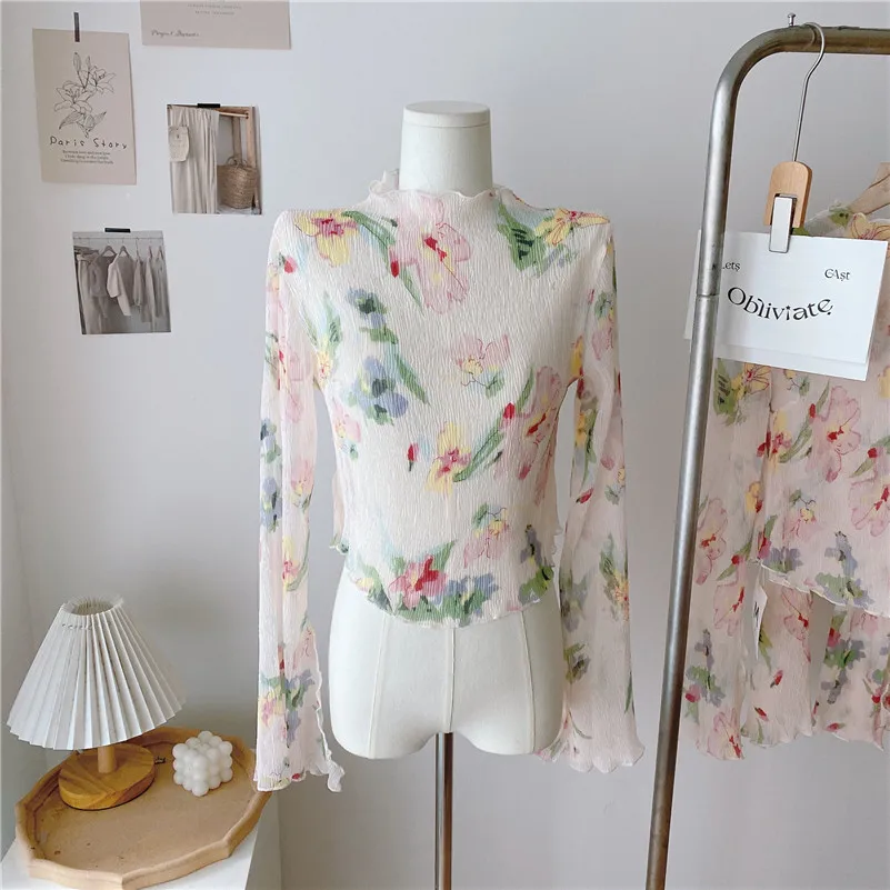

Spring Rayon Undershirt Floral Sweet Print Long Flare Sleeve Tulle Slim Fit Shirts Half High Collar Female Thin Lovely Blouses