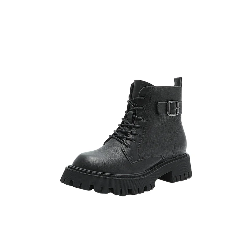 

2023 Autumn Winter Ankle Boots Women Cow Leather Lace-Up Lady Platform Sole Shoes British Style Motorcycle Boots Side Zipper