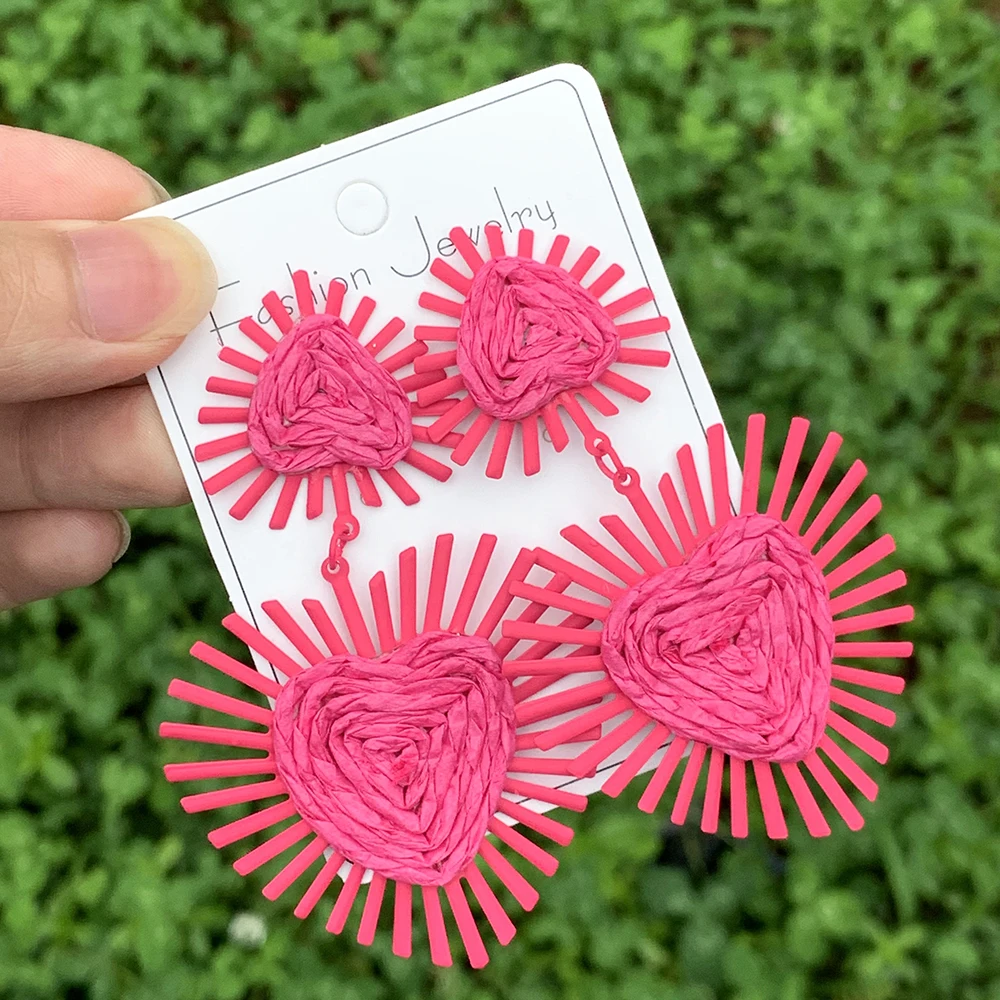 Уникальные розовые серьги в форме сердца из рафии милые богемные серьги-подвески