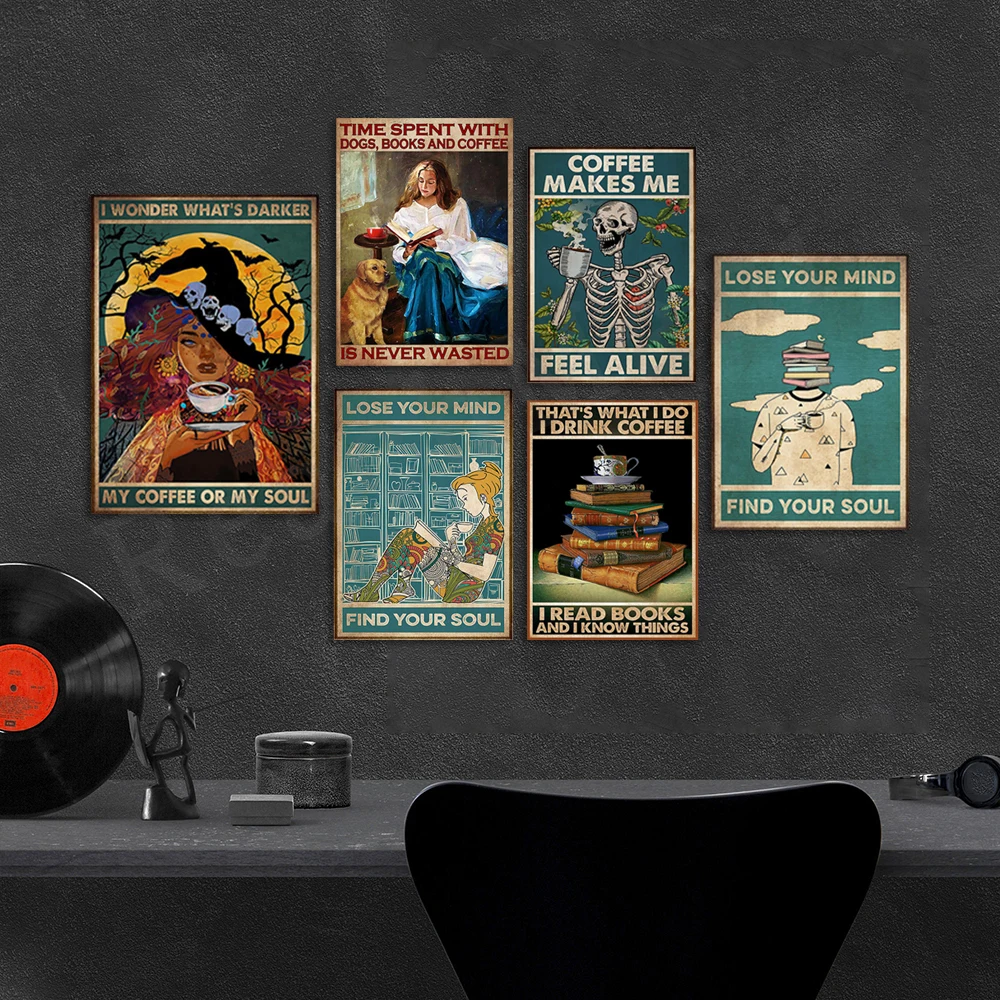 

Афроамериканский легко отвлекается книгами и кофе, тату девушки Кофе потеряла свой ум, найти свою душу художественный плакат