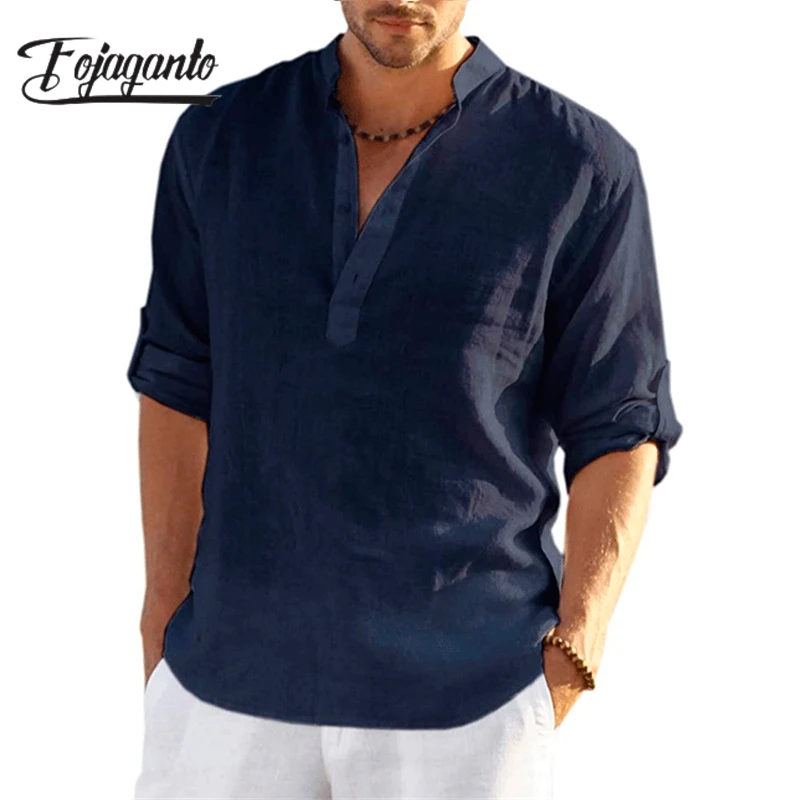 Уличная Повседневная мужская рубашка FOJAGANTO 2023, льняная однотонная дышащая Высококачественная Дизайнерская футболка с коротким рукавом и V-образным вырезом для мужчин