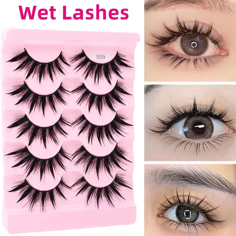 

New 5 Pairs Wet False Eyelashes Naturally Soft Tapered Shaped Thai Thick Simulation Cross Makeup Faux Mink Lashes