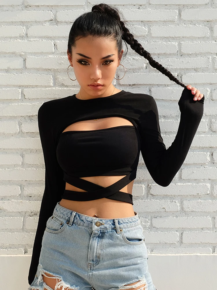 

WeiYao Sexy Criss-Cross Bandage Crop Top T Shirts Black Skinny Long Sleeve Tees Femme Hollow Out Tshirt Goth Streetwear Tops