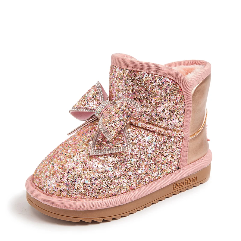 Sweet Girls Shine Crystal Snow Boots Non-slip Bow Slip-on Child Fashion Round-toe Solid Color Casual 2022 New Winter Warm Boots enlarge