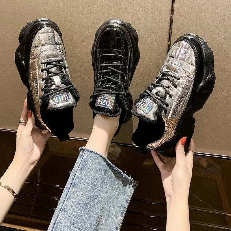 

Зимняя женская обувь теплая плюшевая спортивная обувь на толстой подошве с круглым носком на шнуровке модная универсальная повседневная с...