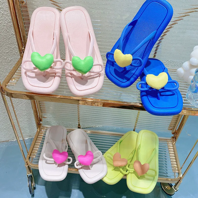 

Fashion Concise Summer Women Slippers Love Heart Flat Soft Sole Square Toe Indoor Home Beach Ladies Slides Shoes Flip Flops 2022