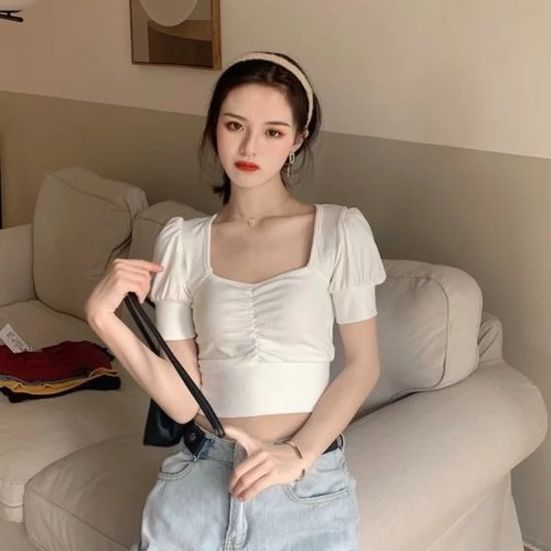 

Футболка женская с коротким рукавом, однотонная Облегающая рубашка в Корейском стиле, универсальная модная простая повседневная Уличная о...