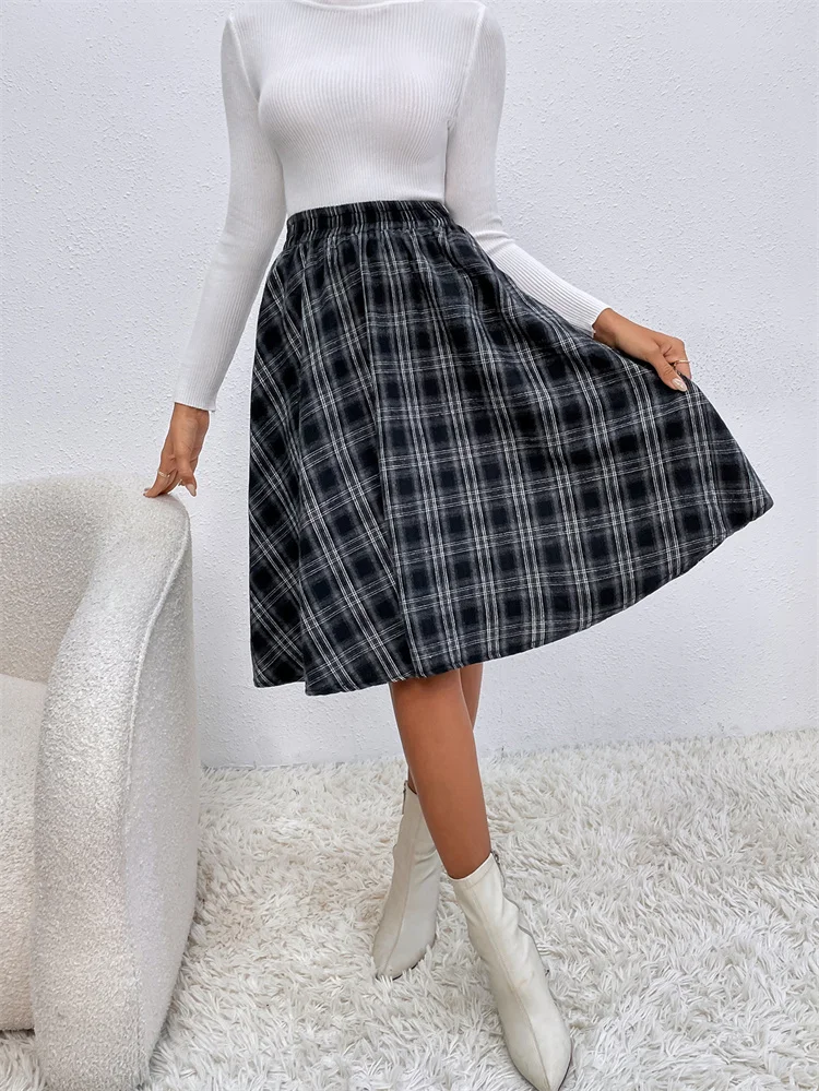 

Hot Plaid High Waist A-word Fashion Temperament Autumn Winter Skirt Skirt England Style Skirt