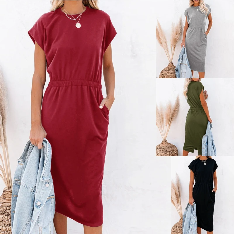 

Женское летнее Повседневное платье с коротким рукавом, платье с высокой талией и карманами
