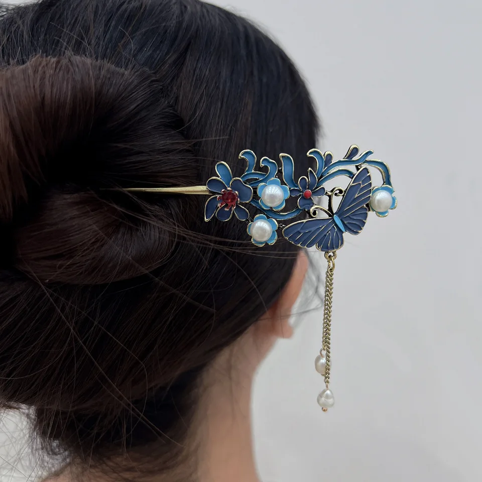 

1pc Antique Water Pearl Burnt Blue Tassel Hairpin Retro Butterfly Step Shake Hairpin Antique Headwear Hairpin Design Accessories