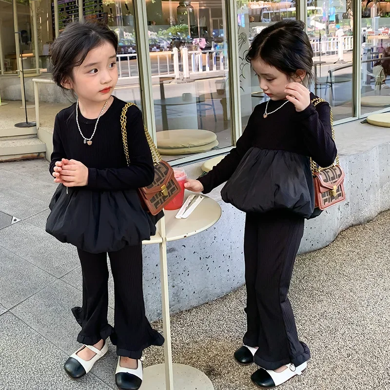 Костюм для девочек Новинка весна-осень модный пузырьковый топ с низом маленьких +