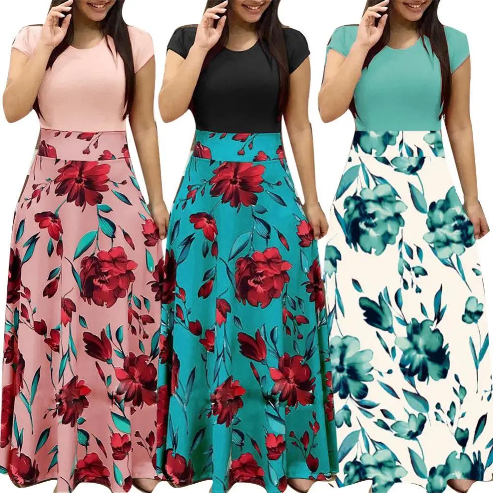 

Nylon Polyester Dress Short Sleeve Tight O Neck Women Long Floral Print Large Hem Waist Maxi Nylon/Polyester/ Spandex Long