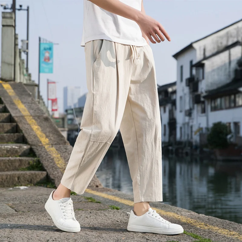 Casual Outdoor Daily Linen Pants Fashion Men's Pants Solid Color Breathable Sports Pants Drawstring Pantalon Homme Streetwear