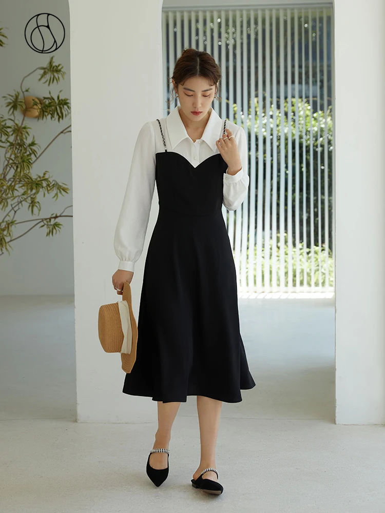 

DUSHU Slightly Fat Lady Polo Collar Full Regular Sleeve Dress Patchwork Design Mid-Calf A-LINE Dress Office Lady Solid Skirts