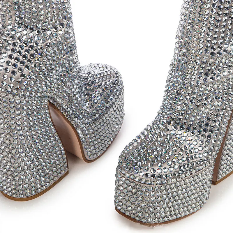 Women's Fashion New Square Head Elevated Platform Super High Heel Silver Full Rhinestone Decorative Large Chelsea Short Boots