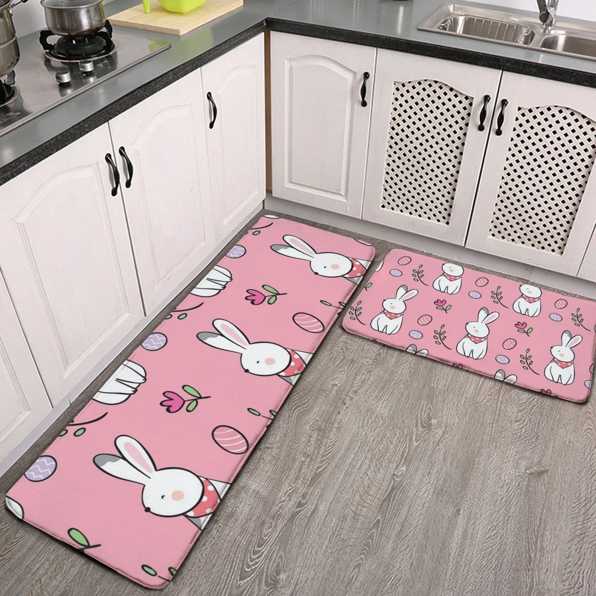 

Kitchen Mat Cushioned Anti-Fatigue Kitchen Rug Happy Easter Eggs White Rabbit Bunny Pink Tuip Flowers Non Slip Waterproof Kitche