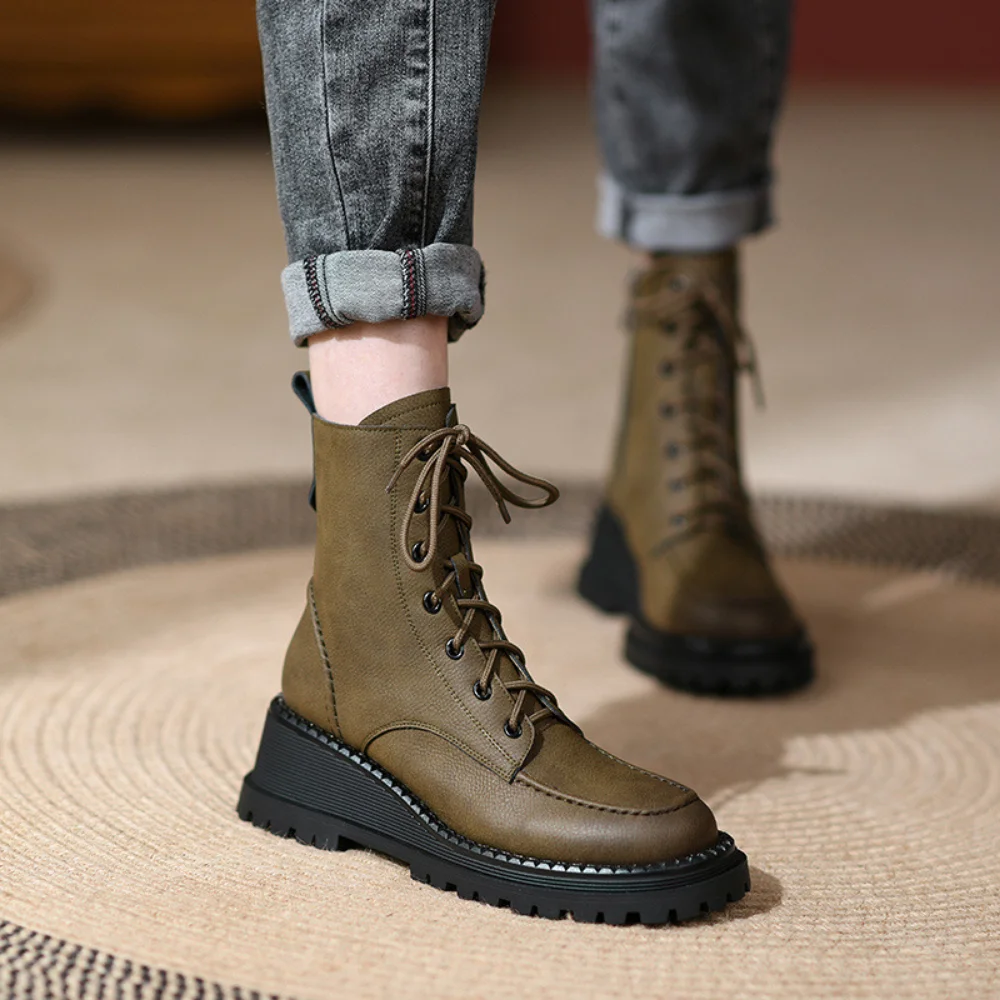 Wedges Ankle Boots for Women Autumn Winter Warm Short Plush Boots Woman Retro Brown Green Non-Slip Platform Botas