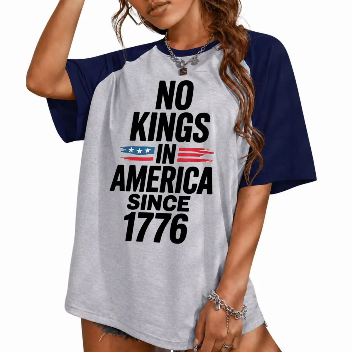 Фото Винтажная футболка с принтом «We The People Serve No Kings» (США), женская хлопковая футболка с коротким рукавом реглан, к 250-летию 4 июля №4