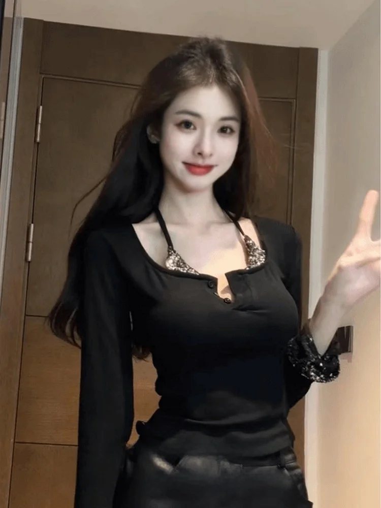 Sequined Heavy Industry Patchwork Hanging Neck U Collar T-shirt 2024 Autumn New French sle Slimming Long sleeve Top Short B...