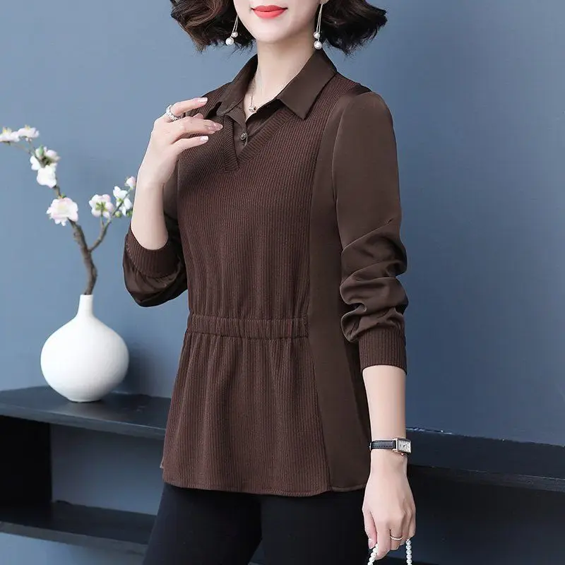 

Трикотажная двухслойная рубашка, Женская весенне-осенняя Новинка 2023, модная однотонная облегающая универсальная Свободная рубашка с длинн...